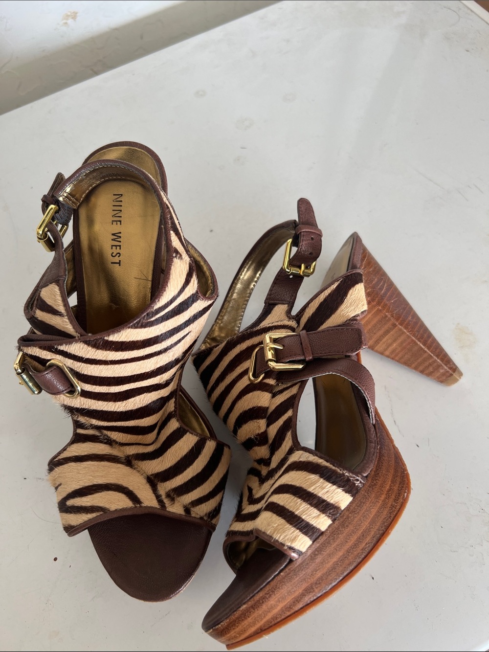 Nine West Brown and Cream Zebra-Print Platform Sandals